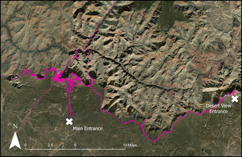 Map of visitor GPS tracks across Grand Canyon National Park South Rim